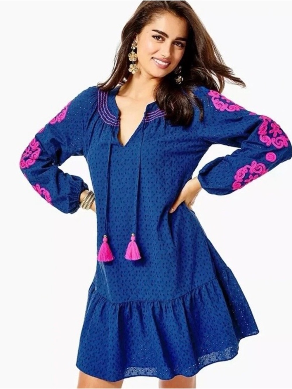 Lilly Pulitzer Lucee Tunic Dress Sz  Small Oyster Bay Navy Eyelet Boho